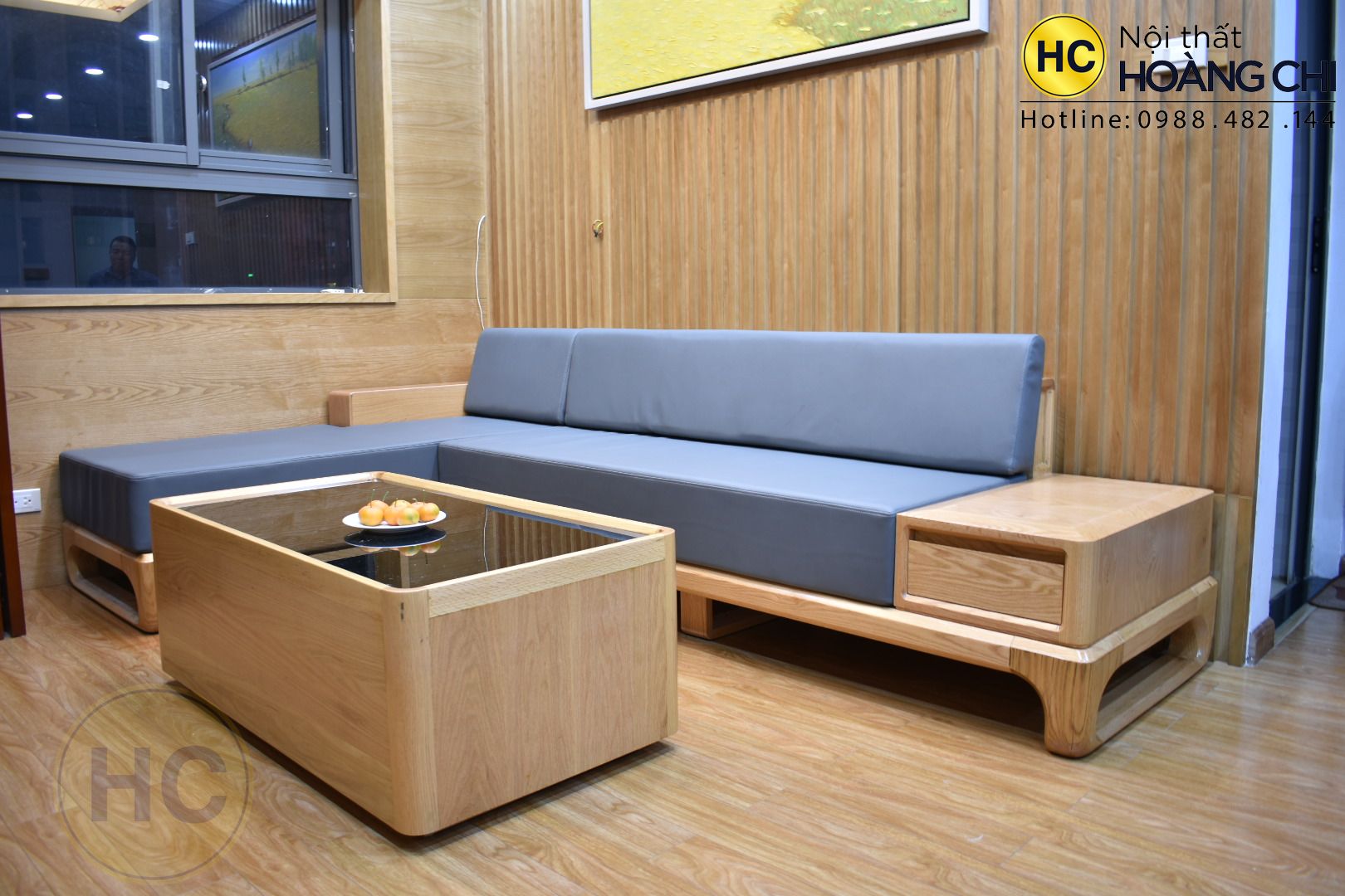 Sofa góc chữ L gỗ sồi mỹ cho chung cư - SFG013